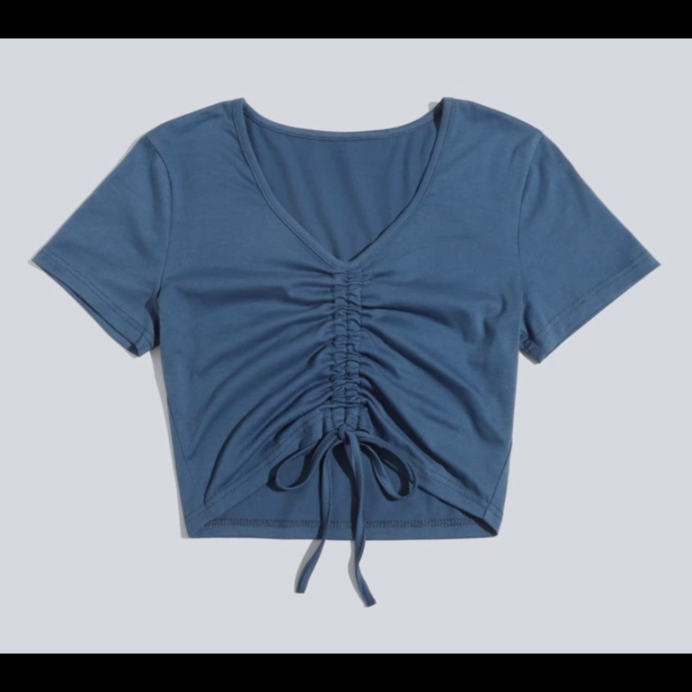 Blue drawstring front crop top